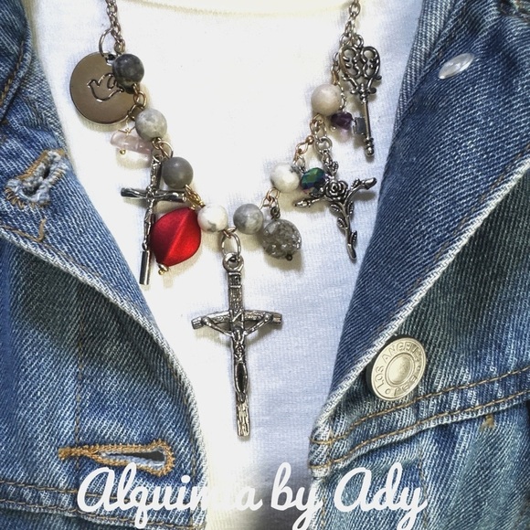 Alquimia Silver Red Bohemian Necklace with Cross and Heart Charms rhodonite